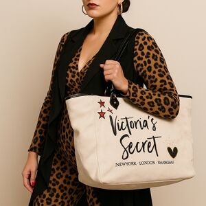 Victoria’s Secret Canvas Tote Bag Black Handles Stars Heart Logo Oversized Shopp